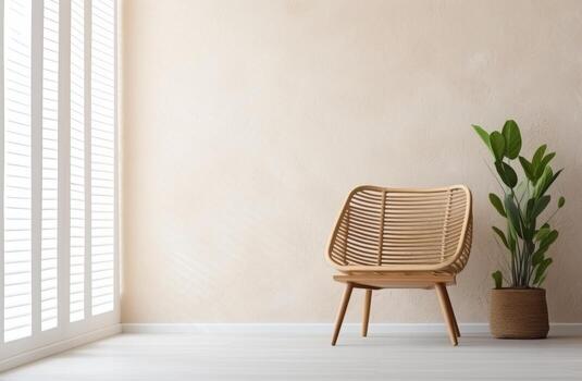 AI generated open shutters and wicker chair in the corner of a room photo