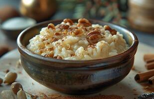 AI generated cinnamon brown rice pudding a typical meal on christmas day photo