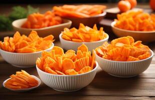 AI generated carrot slices in bowls on a wooden table photo