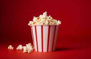 AI generated on a red background a bucket of popcorn is sitting in front of a camera photo