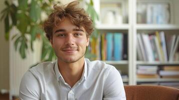 AI generated A young man sits in a chair at a consultation with a psychotherapist. He looks at the camera smiling photo