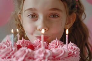 ai generado contento vestido arriba diez año antiguo niña soplo fuera velas en brillante rosado festivo cumpleaños pastel foto