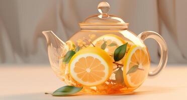 AI generated a glass teapot filled with lemon slices and leaves photo