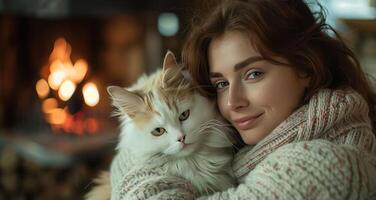 AI generated A young woman sits near the fireplace and cuddles a white fluffy cat photo