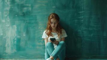 AI generated A young woman in a white short-sleeved shirt and blue jeans and white sneakers sits near a dark green wall photo