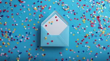 AI generated An empty card inside a blue envelope against a blue background adorned with confetti photo