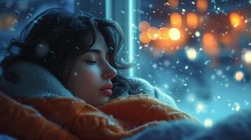 AI generated A radiant young woman, cocooned in a cozy blanket, gazes peacefully out the window at swirling snowflakes photo