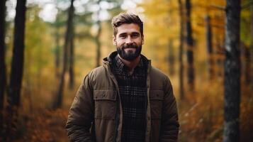 ai generado un hombre en un tartán camisa y oscuro marrón chaqueta soportes en el bosque y mira a el cámara con grande copyspace zona foto