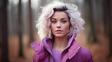 AI generated A young woman with white curly hair in a purple jacket stands in the forest and looks at the camera photo