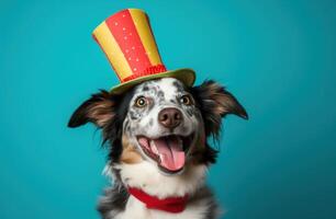 AI generated a dog wearing a colorful clown hat photo