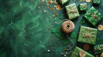 AI generated Saint Patrick's Day. A top-view image featuring leprechaun hat gift boxes, twine spool, gold coins, photo