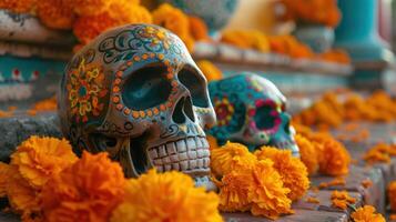 ai generado un vistoso día de el muerto carnaval configuración, con intrincado azúcar calaveras foto