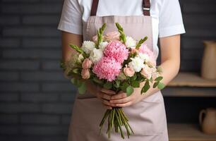AI generated florist holding a bouquet of white and pink flowers photo