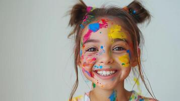 ai generado un alegre joven chica, cubierto en pintar, es teniendo divertida. ella es sonriente foto