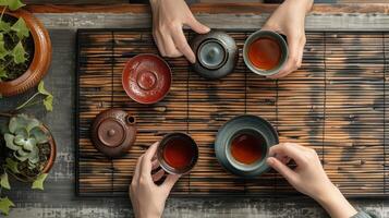 ai generado un té conjunto en un de madera mesa desde arriba, creando un sereno antecedentes para un té ceremonia. foto