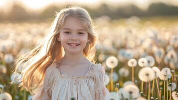 AI generated A beautiful young girl in a light linen sundress and long blond hair runs through a field of dandelions and smiles photo