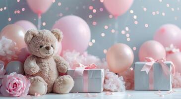 AI generated bears and balloons by a pink background with gift boxes photo