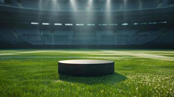AI generated In the middle of a stadium sits a podium, encircled by empty seats and flashes of light photo