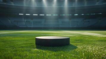 AI generated In the middle of a stadium sits a podium, encircled by empty seats and flashes of light photo