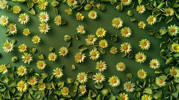 AI generated Abstract minimalistic green background on which small daisy flowers are scattered photo