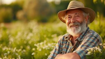 AI generated A happy farmer, surrounded by lush fields, beams with pride, symbolizing the hard work and bounty of the land photo