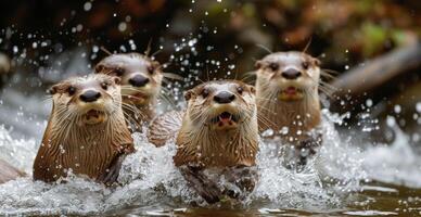 ai generado juguetón nutrias retozando en espumoso río arroyos, su payasadas trayendo alegría a espectadores. foto