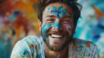 AI generated A skilled artist, covered in paint, smiles with satisfaction, showcasing creativity and expression through his work photo