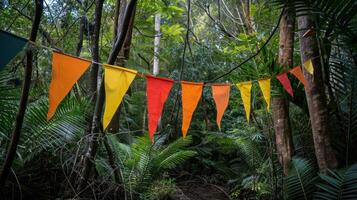 AI generated Bunting flags of various colors set against a backdrop of lush green trees photo