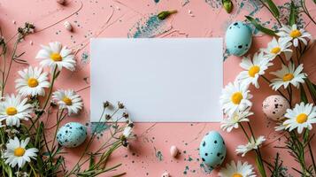 AI generated White paper on pink background with chamomile flowers, Easter eggs scattered. photo