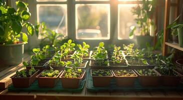 AI generated a small indoor greenhouse with plants on trays in the sun photo
