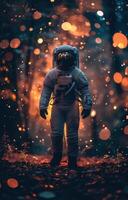 AI generated one astronaut wearing spacesuit stands on an space scene photo