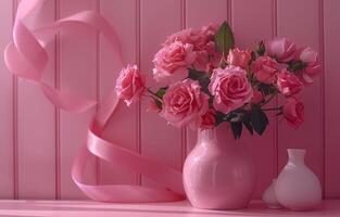 AI generated pink roses in vase and pink ribbon photo