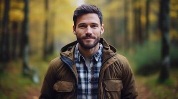 AI generated A man in a plaid shirt and dark brown jacket stands in the forest and looks at the camera with large copyspace area photo