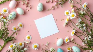 AI generated White paper on pink background with chamomile flowers, Easter eggs scattered. photo