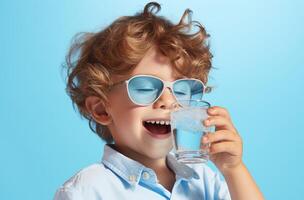 ai generado niño Bebiendo desde un vaso de agua foto