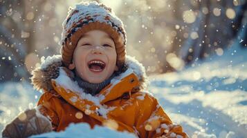 AI generated A happy child rides a sled down a snowy hill  and looks at the camera photo