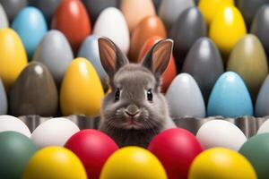 AI generated a gray bunny is standing in front of colorful eggs photo