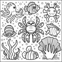 Sea creatures coloring pages. sea creatures outline for coloring book vector