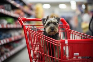 ai generado pequeño perro sentado en compras carro con carros dentro el Tienda foto