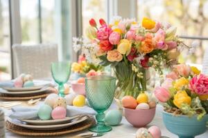 AI generated A stunning photo of a vibrant Easter table setting