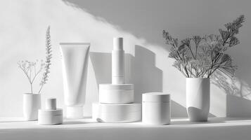 AI generated A set of cosmetics in matte white tones without a brand stands on a minimalist white background photo