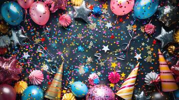 AI generated Festive frame or background with colorful balloons, gifts, confetti, silver stars, party hats, and streamers. photo