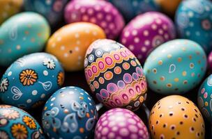 AI generated a large group of colorful painted eggs on a blue surface photo