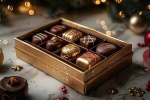 AI generated one kind chocolate box, gold wrapped selection of chocolates in a box photo