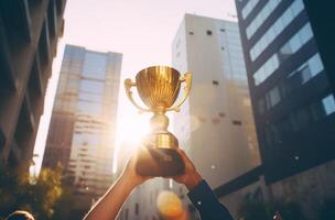 AI generated two hands holding up a trophy in front of an building photo