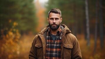 ai generado un hombre en un tartán camisa y oscuro marrón chaqueta soportes en el bosque y mira a el cámara con grande copyspace zona foto