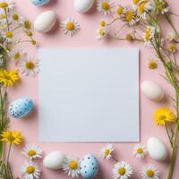 AI generated White paper on minimalist pink background with chamomile flowers, Easter eggs. photo