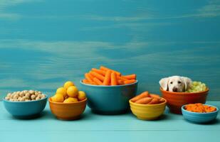 AI generated the various vegetables in bowls on a blue wooden table photo