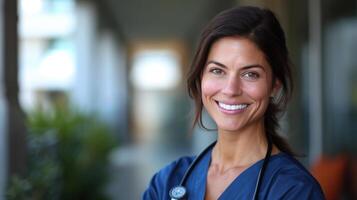 AI generated A compassionate nurse, in scrubs, smiles warmly, representing care and empathy in the healthcare profession photo