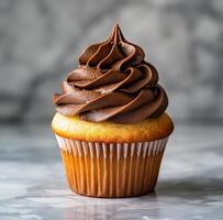 AI generated an image of cupcake with chocolate frosting, smooth surface photo